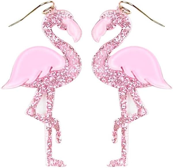Lightweight Flamingo Dangle Earrings - Flamingo, Sparkly Rhinestone, Hook Earrings, Unique Charm, Filigree, Glitter Hoop