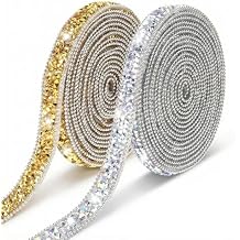 2Rolls 3 Yards Self Adhesive Rhinestone Ribbons,Diamond Crystal Adhesive Rhinestone Strips with Bead Chain,Glitter Bling Ribbon for DIY Crafts Car Shoes Decor (Silver AB Color+Yellow)
