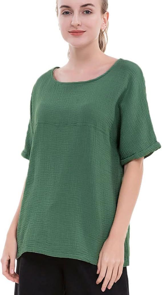 Soojun Women's Cotton Linen Round Collar Boxy Top Patchwork Blouses