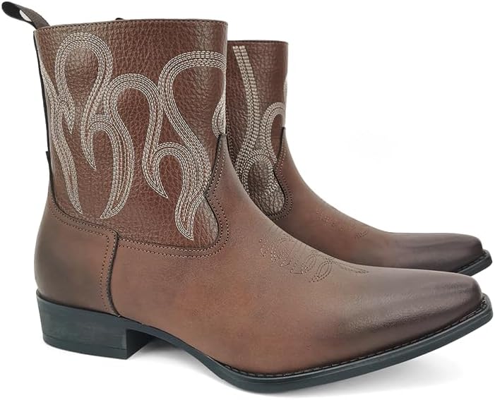 Men's Black Leather Western Cowboy Ankle Boots, Embroidered Flame Design, Side Zipper, Pointed Toe