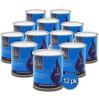1 Day Yahrzeit Candle - 12 Pack - 24 Hour Kosher Yahrtzeit Memorial and Yom Kippur Candle in Tin Cup Holder