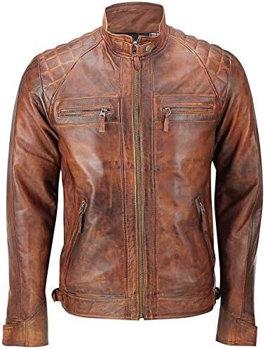Mens Biker Quilted Classic Vintage Distressed Brown Leather Jacket