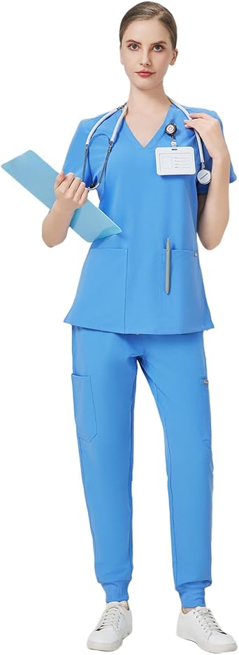 TINYLEMON Scrub for Women- Slim Four Way Stretch Anti-Wrinkle Yoga Waistband Joggers Set 11 Pockets Ceil Blue XX-Large