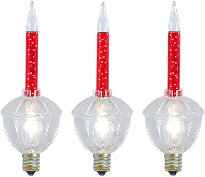Novelty Lights Replacement Glitter Bubble Lights 3 Pack, Red Liquid with Clear Bases and Bulbs, Vintage Glass Holiday Bulbs with Flowing Glittery Liquid, 5 Watts Each, C7E12 Base