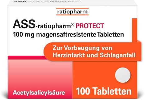 ASS-ratiopharm Protect 100 mg Enteric Tablets Pack of 100 Stomach-friendly blood thinner against clumping of platelets - for the prevention of a new infarction