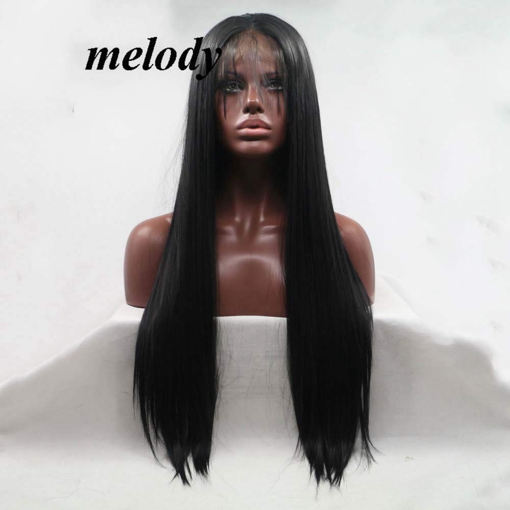 Melody Natural Black Wigs Long Silky Straight Wigs With Baby Hair Synthetic Black Lace Front Wig Heat Resistant Fiber Long Hair Wigs