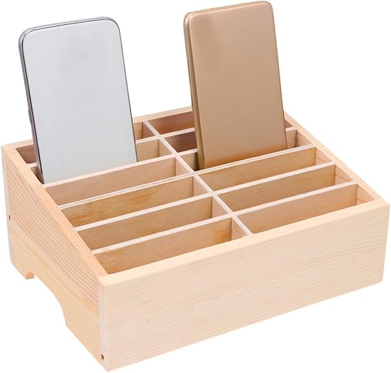 Wooden Phone Storage Box 12 Grid Desktop Phone Organizer Grid Mobile Holder for Temporary Storage and Display Office Desk Accessory for Classroom Meeting Room Shop