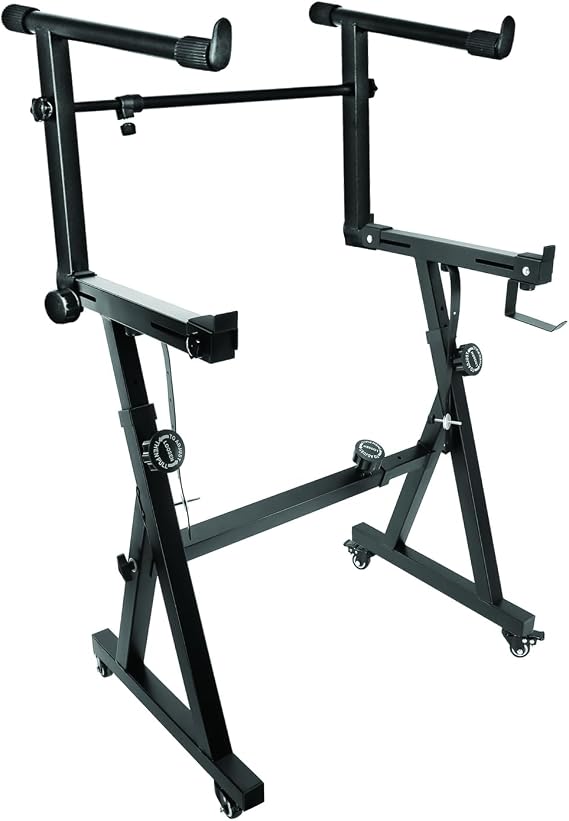 5 CORE Piano Keyboard Stand Z Style Heavy Duty 2 Tier Stands w Adjustable Arm Fits 54 61 88 Key Board - KS Z1 BLK HD WHLS+2T ECO