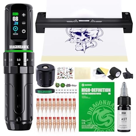 Dragonhawk Wireless Tattoo Gun Kit A4 Thermal Stencil Printer L3 Cartridge Machine 7 Strokes 2.44.2mm 20 Needles 100 Transfer Papers Complete Set for Beginners