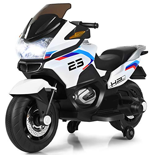 HONEY JOY 12V Kids Motorcycle, Battery Powered Electric Vehicle for Kids, Training Wheels, LED Lights, Foot Pedal, Spring Suspension, Ride On Toy Motorcycle, Gift for Boys Girls White