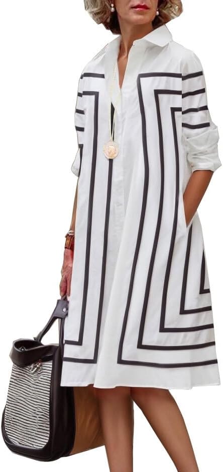 UOOZEE Womens Long Sleeve Button Down Shirt Dress Collar V Neck Loose Fit Casual A-Line Dresses with Pockets