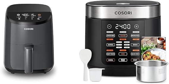 Cosori Mini Air Fryer & Rice Cooker Combo, 2.1 Qt, 4-in-1 Airfryer, Bake, Roast, Reheat, 18 Functions Multi Cooker, Stainless Steel, Quietest Operation