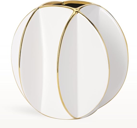 Torre & Tagus 8" Gloss White Ceramic Vase with Gold Trim for Modern Home Decor - Sculptural Round White and Gold Vase for Flowers, Table Centerpieces, Entryway Styling and Shelf Accents (Talia)