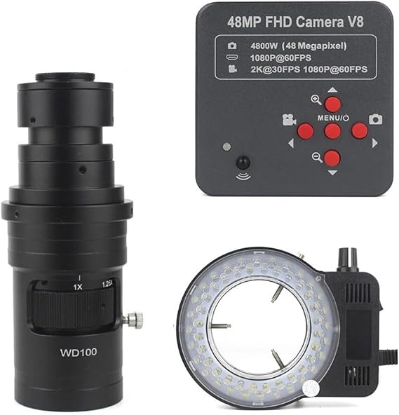Lab Microscope Accessories 48MP 2K HDMI UBS Video Microscope Camera TF Storage 130X 180X 200X 300X Monocular Lens 56 LED Light for PCM SMD Repair Soldering(with 200X Lens Light)