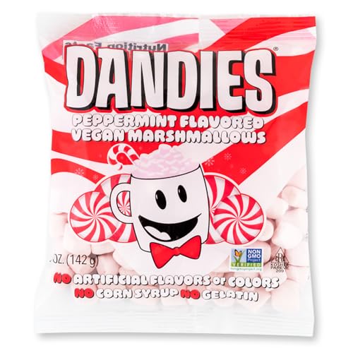 Dandies Peppermint Vegan Marshmallows, No Artificial Flavorings, Food Dyes, Corn Syrup, or Gelatin, Perfect for Hot Cocoa, Desserts, or Snacking 1 Pack