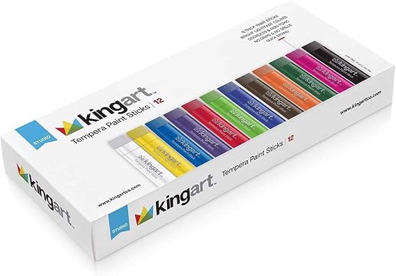 KINGART TEMPERA PAINT Sticks, Set of 12 Rich Colors, Solid Tempera Paint, Super Quick Drying, Non-Toxic, Work Great on Paper, Canvas, Wood, Glass and more