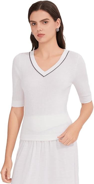 Women's Biella Merino V-Neck Sweater | 12-Gauge Half Sleeve Color-Block Lightweight Transitional Pullover, BD4521217
