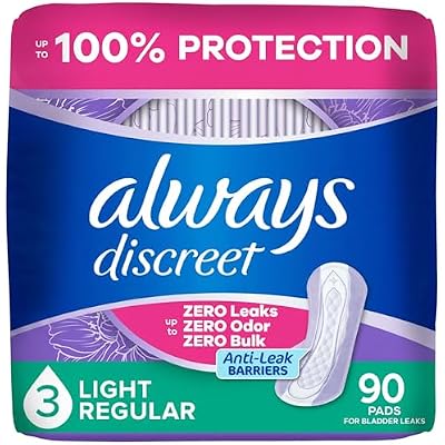 Always Discreet Adult Incontinence Pads for Women, Drier, 3 Drop Regular Length, Light Absorbency, Pads for Bladder Control Management, Bladder Leaks, Postpartum Pads, 90ct