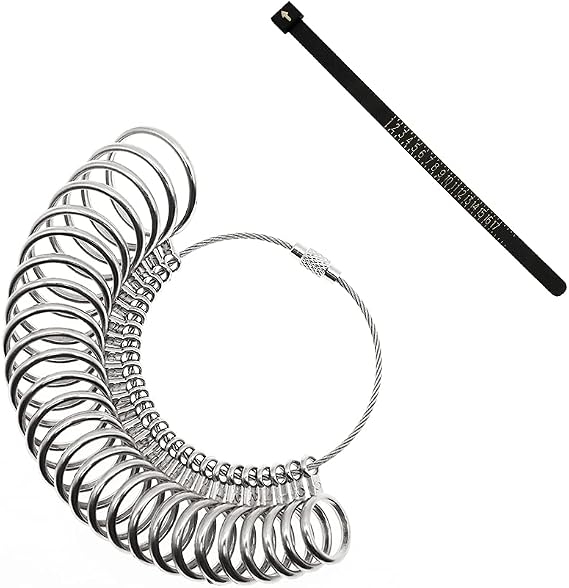 Ring Sizer Measuring Tool Set Ring Gauge Tool Ring Metal Ring on Finger Measuring Ring Tool US Size 0-13 with Half Size, 27 Pcs,with Plastic Ring Sizer Belt(Black)