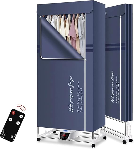 Indoor Foldable Electric Clothes Airer Drying Rack, Electric Clothes Dryer with Remote Control and Timer, 1300W Large Capacity 2-Tier Heated Clothes Airer with Cover, Overheat Protection,(Color:Blue)