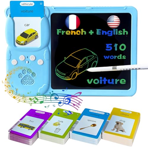 LCD Writing Tablet for Kids 3-12 - Talking English French Flash Cards, Bilingual 510 Sight Words, Toddler Pocket Speech, Learning Drawing Pad Board, Autism Toys for Children Boys Blue