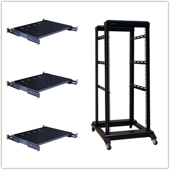 27U 4 Post Open Frame 19inch Server/Audio Steel Rack Deep from 16inch-32inch with Fixed Shelves