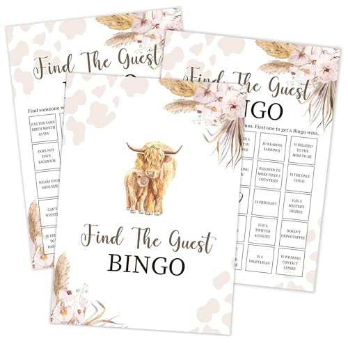 Boho Cow Find The Guest Bingo Game, Baby Shower Game, Pack of 30 Game Cards, Gender Neutral Boy or Girl, Fun Baby Game and Activity - FA25