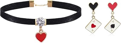 Queen of Hearts Costum Women Red Heart Necklaces Earrings Halloween Costumes Accessories Black Choker Necklace Heart Dangle Earrings for Woman