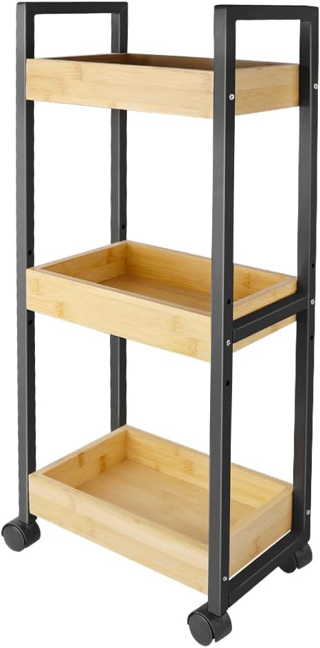 HUOLE Bamboo Serving Trolley with Shelf 3 Baskets 3 Tiers Serving Trolley Shelf with Wheels for Bathroom Kitchen Bamboo 20 x 30 x 80 cm Black