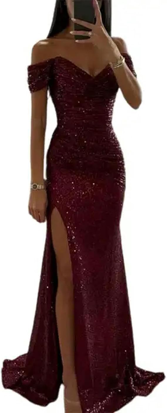dress Off-shoulder Gown Dress Elegant Sequin V-neck Maxi Dress For Evening Party Prom Off Shoulder Slim Split Long Dress