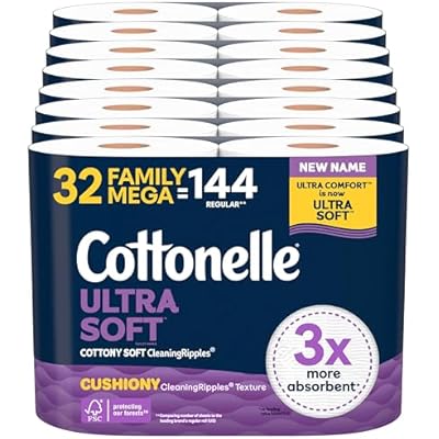 Cottonelle Ultra Soft Toilet Paper with Cushiony CleaningRipples Texture, 32 Family Mega Rolls = 144 Regular Rolls 8 Packs of 4