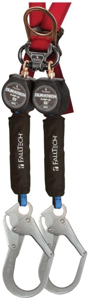 FallTech 72706TB3 MINI DuraTech 6' Compact Web SRL - 6' Mini SRD Twin-Leg Carabiner with Alignment Clip and Steel Rebar Hooks, 6', Black