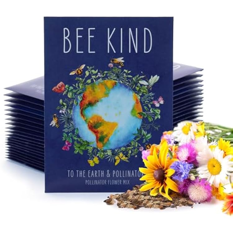 Bentley Seed Co. | Bee Kind Planet | Illustrated Bee Flower Seed Packets | Help Pollinators Environmental Favor for Events | Pollinator Wildflower Mix Seed | Eco-Friendly Hand Out | 25 Pk