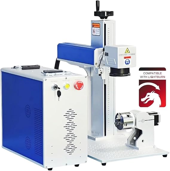 50W Fiber Laser Engraver JPT Laser Marking Machine Etching Machine 175 x 175mm Lens and D80 Rotary for Metal Stainless Steel Plastic Silver Gold EZCAD2 Compatible Class I 0.39mW