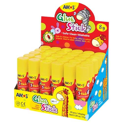AMOS Glue Sticks 8 g 0.28 oz, 30 Sticks in Display Box, Kids Design for School, Office & Crafts Washable, Non-Toxic, Acid-Free