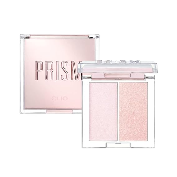 CLIO Prism Highlighter Duo, Duo Shade Highlight Palette, Face Illuminator, Buildable Pearl and Shimmer Pressed Powder for a Natural Glow, On-The-Go Makeup Kit (02 LAVENDER VOYAGE)