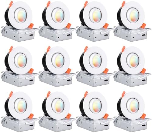 TORCHSTAR 12-Pack 5CCT 3 Inch Gimbal LED Recessed Light, 7W CRI90 Dimmable Adjustable Eyeball Canless LED Downlight, 2700K3000K3500K4000K5000K Selectable, Airtight IC, ETL