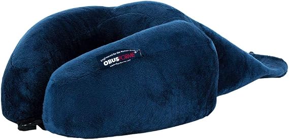 ObusForme Compact Travel Neck Pillow | Soft Memory Foam, Luxurious Blue Velour Cover | Self-Storing Bag | Roll-Up Design, Easy Fit for Carry On Bags|Airplane, Car Use