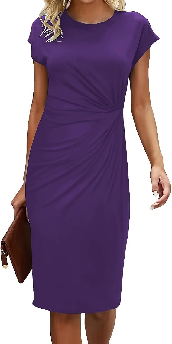 Business Casual Dresses for Women 2025 Cap Sleeve Knee Length Twist Front Dress Elegant Round Neck Summer Dresses