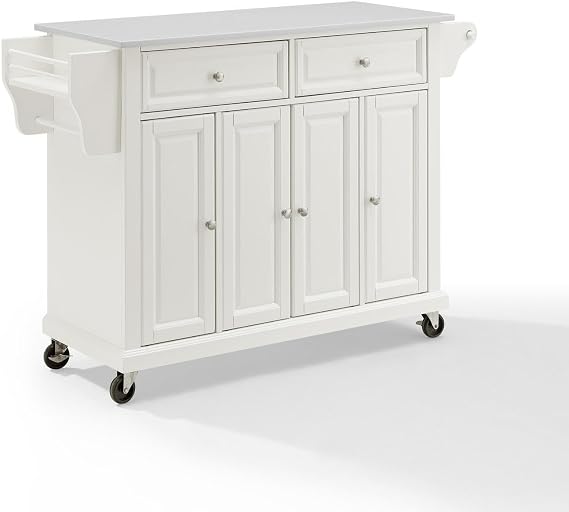 Island Oasis Full Size Stone Top Kitchen Cart White Granite Top/White Finish - 36.5" H x 51.5" W x 18" D, Modular Kitchen Cart with Wheels, Modern Kitchen Cart