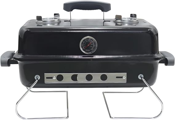 Portable Charcoal BBQ Grill with Temperature Gauge, Black, Outdoor Tabletop, Foldable Legs, Insulated Handle, 22.4x12.6x14.6 Inch