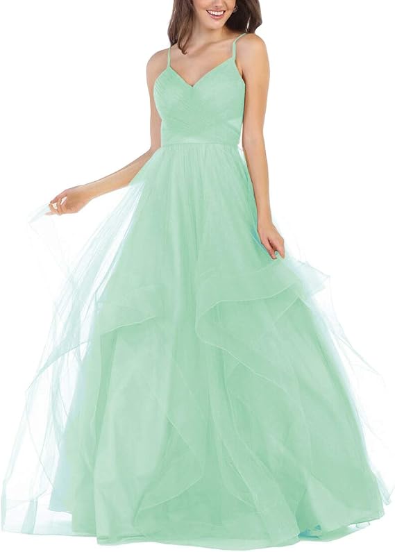 GMAR Women's V-Neck Long Glitter Tulle Spaghetti Ball Gown 8 Mint Green