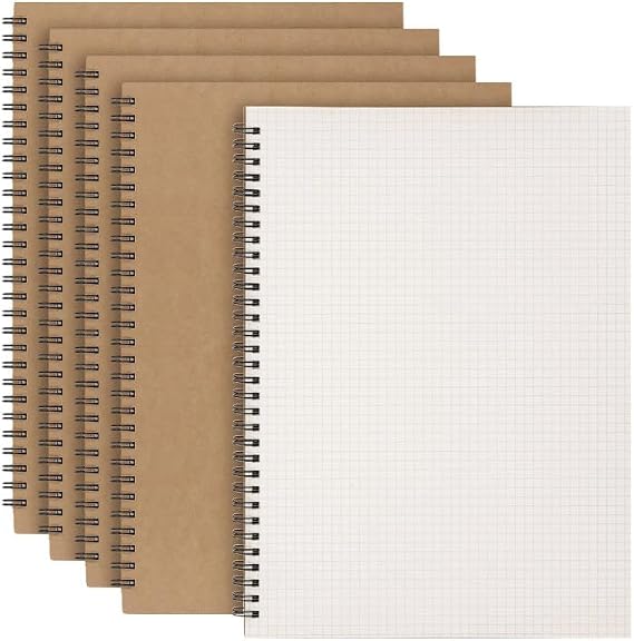 5 Pack A4 Grid Spiral Notebook, 5mm Kraft Cover Square Grid Pages 50 Sheets/100 Pages, 100gsm Thick Squared Paper Notebook, A4 Graph Grids for Diary, Drawing, Notes, Journals