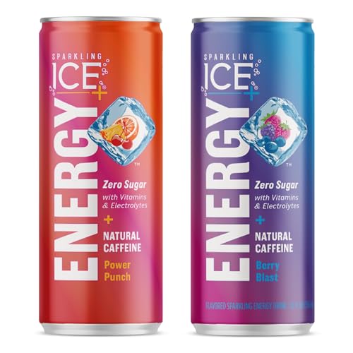 Sparkling Ice ENERGY Power Punch Sparkling Water 12 fl oz Cans Pack of 12 & Sparkling Ice ENERGY Berry Blast Sparkling Water with Vitamins & Electrolytes, Zero Sugar, 12 fl oz Cans Pack of 12