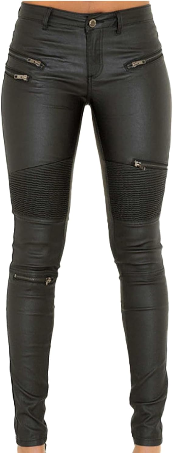 Black Pants PU Leather Coated Denim Pants for Women Sexy Tight Stretchy Rider Leggings