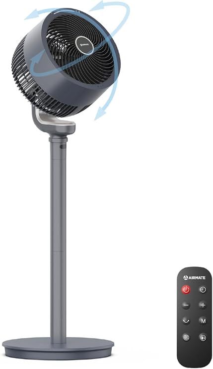 AIRMATE Pedestal Fan for Bedroom, 16-Speed DC Motor Standing Fan with Remote, 90+90 Omni-Directional Oscillating, 1000CFM Airflow, 25ft/s, 16H Timer, 27dB Quiet, Adjustable Height, Grey