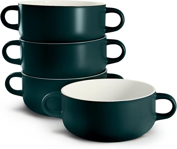 Kook Soup Crocks, Ceramic Bowls, Broil, Oven, Microwave and Dishwasher Safe, with Handles, For Casserole, Pasta, Cereal, 18 oz, Set of 4 (Hunter Green)