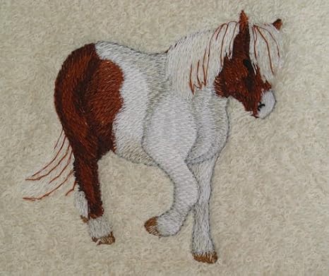 Bath Towel Set with Embroidered Brown and White Shetland Pony - Beige