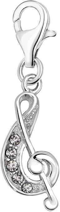 Quiges Treble Clef Music Note Clip On Charm Pendant with Cubic Zirconia Silver Plated Women's Jewellery