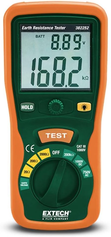 Extech 382252 Earth Ground Resistance Tester Kit, 3 Ranges, Auto Zero